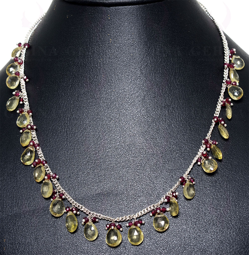 Necklace of Lemon Topaz & Red Garnet Gemstone Beads With Silver Chain NS-1381