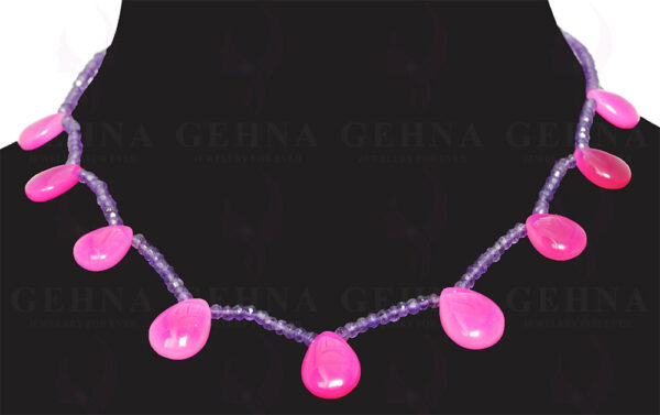 Pink Chalcedony & Amethyst Gemstone Bead Necklace Clasp Attached NS-1387