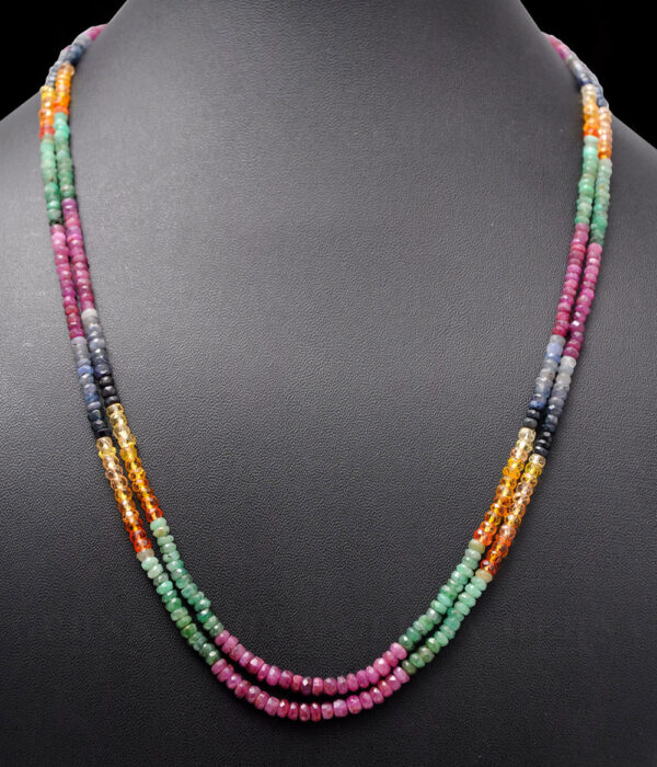2 Rows Of Ruby, Emerald & Sapphire Gemstone Faceted Bead Necklace NP-1387