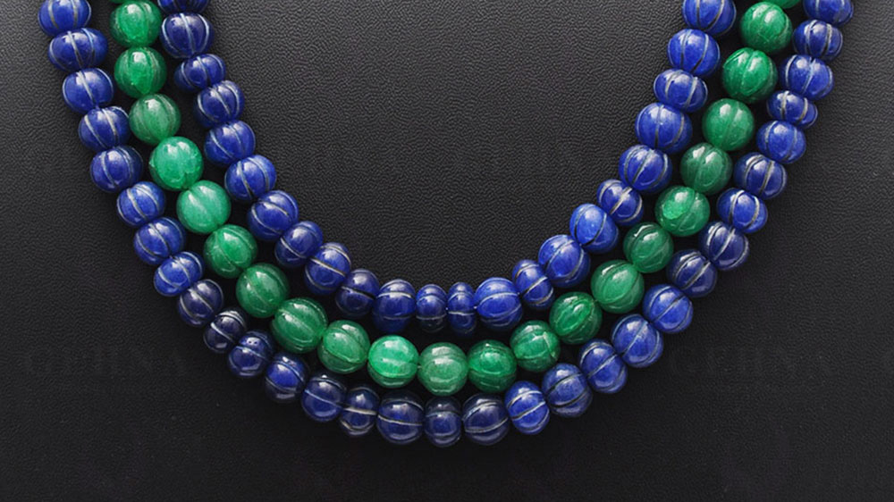 3 Rows Emerald & Blue Sapphire Gemstone Melon Shape Necklace NP-1389