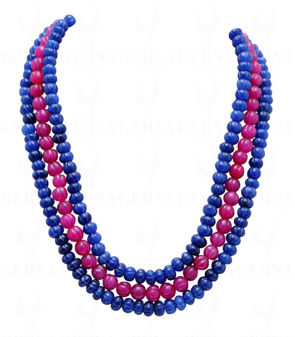 3 Rows Ruby & Blue Sapphire Gemstone Melon Shape Necklace NP-1390