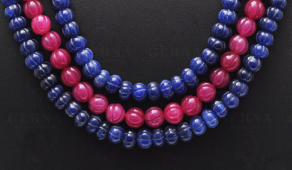 3 Rows Ruby & Blue Sapphire Gemstone Melon Shape Necklace NP-1390