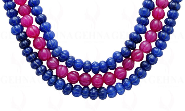 3 Rows Ruby & Blue Sapphire Gemstone Melon Shape Necklace NP-1390