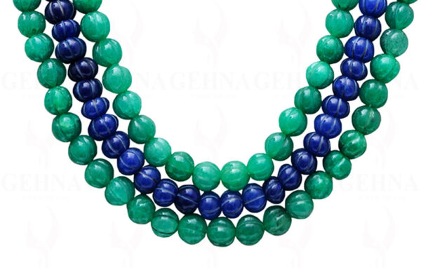 3 Rows Emerald & Blue Sapphire Gemstone Melon Shape Necklace NP-1391