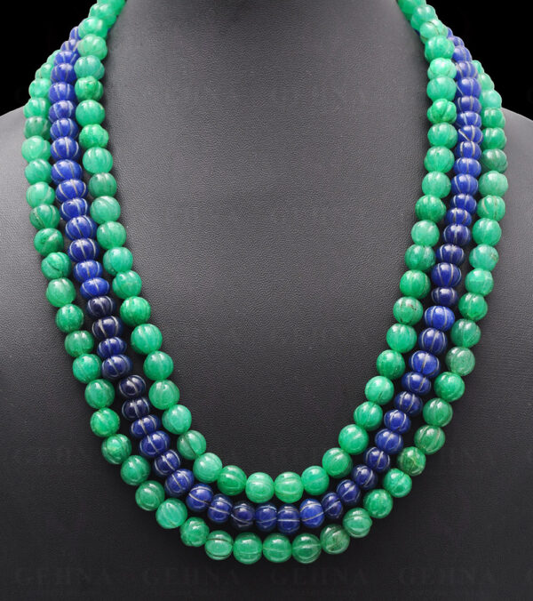 3 Rows Emerald & Blue Sapphire Gemstone Melon Shape Necklace NP-1391