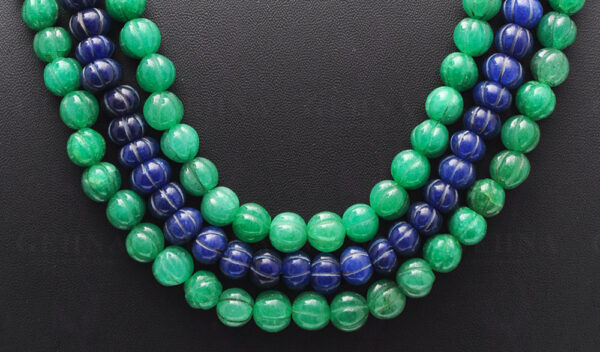 3 Rows Emerald & Blue Sapphire Gemstone Melon Shape Necklace NP-1391