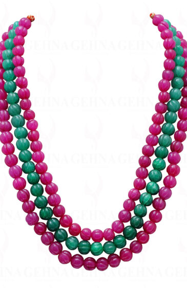 3 Rows Ruby & Emerald Gemstone Melon Shape Necklace NP-1392