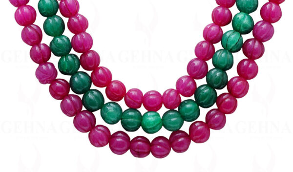 3 Rows Ruby & Emerald Gemstone Melon Shape Necklace NP-1392