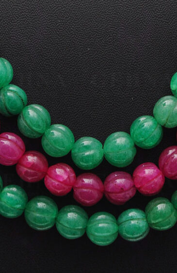 3 Rows Ruby & Emerald Gemstone Melon Shape Necklace NP-1393