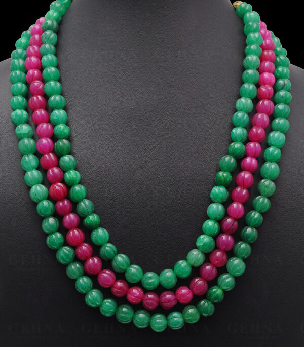 3 Rows Ruby & Emerald Gemstone Melon Shape Necklace NP-1393