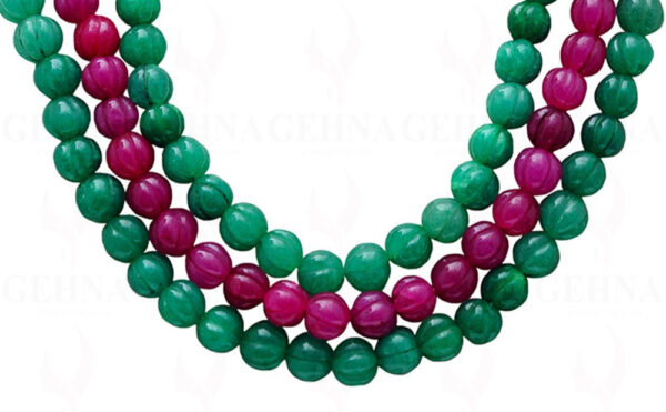 3 Rows Ruby & Emerald Gemstone Melon Shape Necklace NP-1393