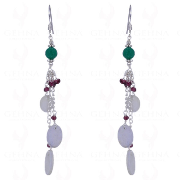 Shell Pearl, Garnet & Green Jade Gemstone Earrings In .925 Solid Silver ES-1394