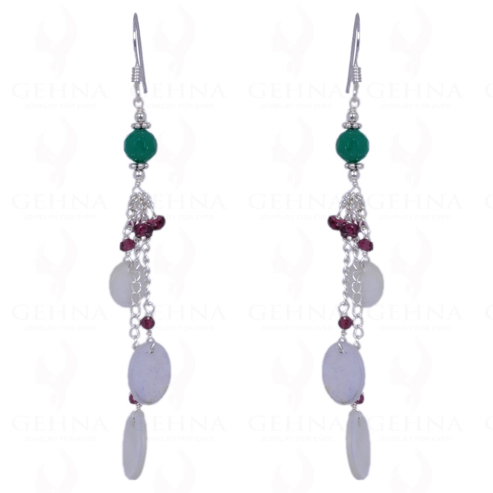 Shell Pearl, Garnet & Green Jade Gemstone Earrings In .925 Solid Silver ES-1394