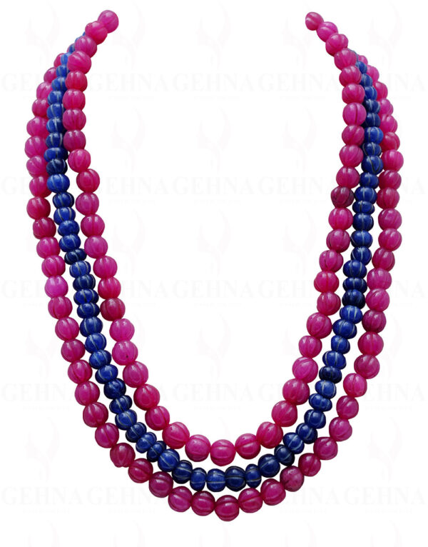 3 Rows Ruby & Blue Sapphire Gemstone Melon Shape Necklace NP-1394