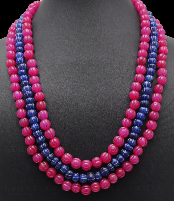 3 Rows Ruby & Blue Sapphire Gemstone Melon Shape Necklace NP-1394