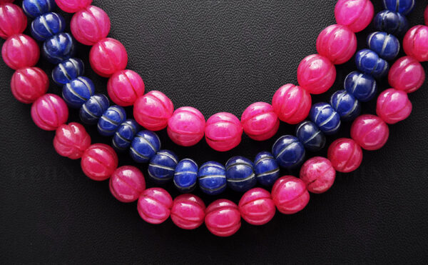 3 Rows Ruby & Blue Sapphire Gemstone Melon Shape Necklace NP-1394