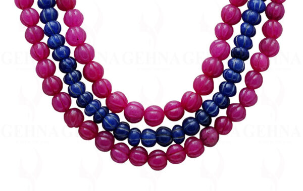 3 Rows Ruby & Blue Sapphire Gemstone Melon Shape Necklace NP-1394