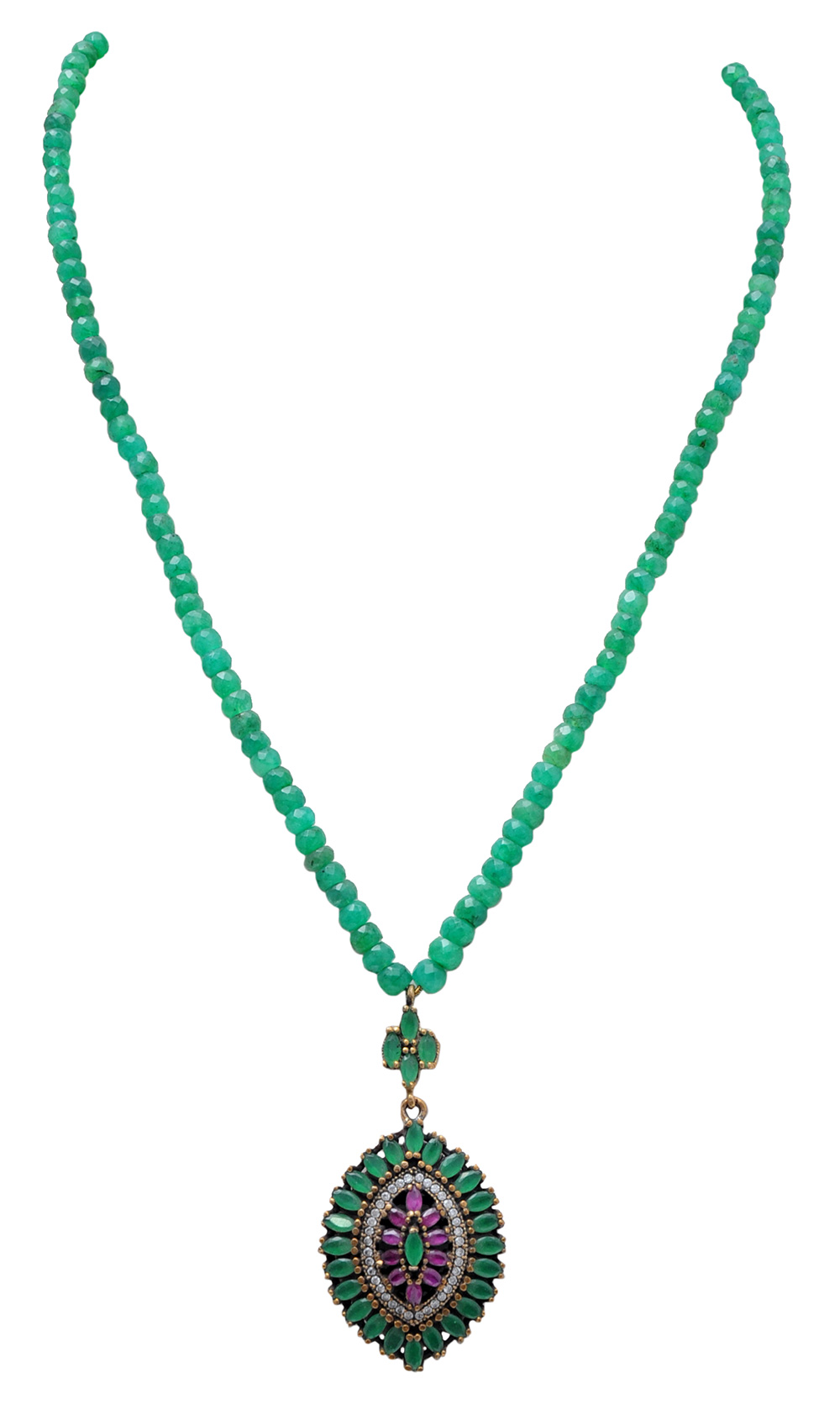 Ruby & Emerald Gemstone Faceted Beaded Necklace With Silver Element NP-1405