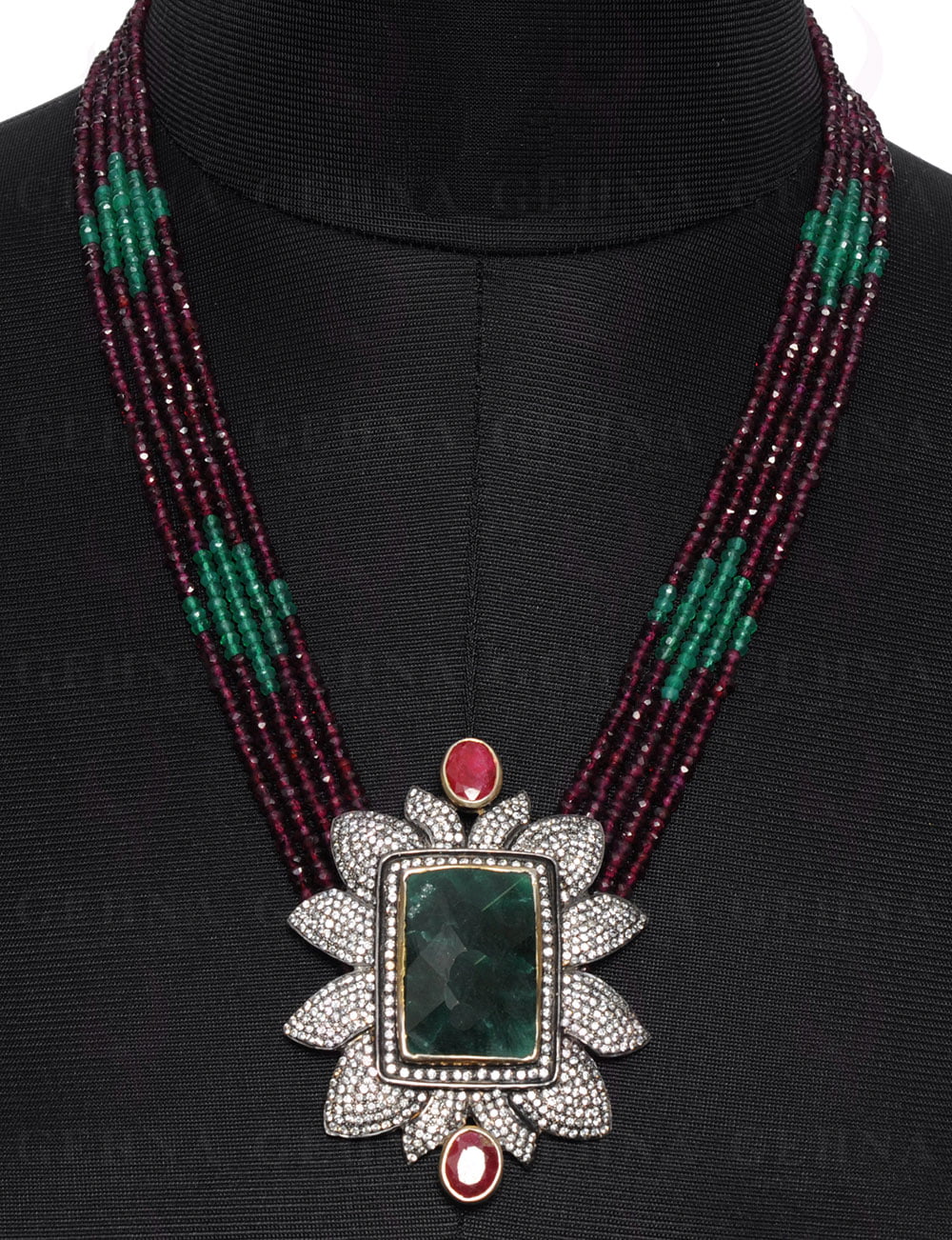 Ruby, Emerald & Garnet Gemstone Necklace with Victorian Pendant NS-1416