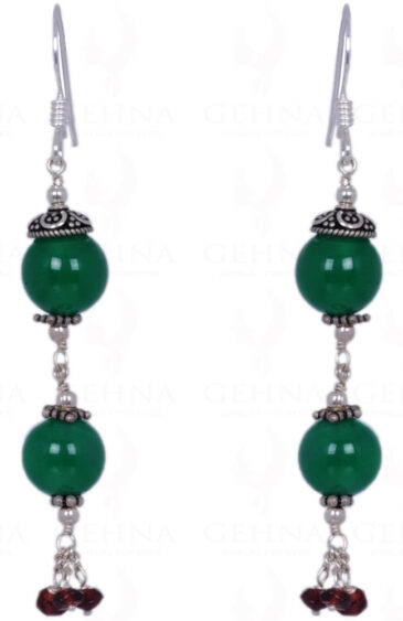 Green Onyx & Red Garnet Gemstone Bead Earrings Made In .925 Solid Silver ES-1418