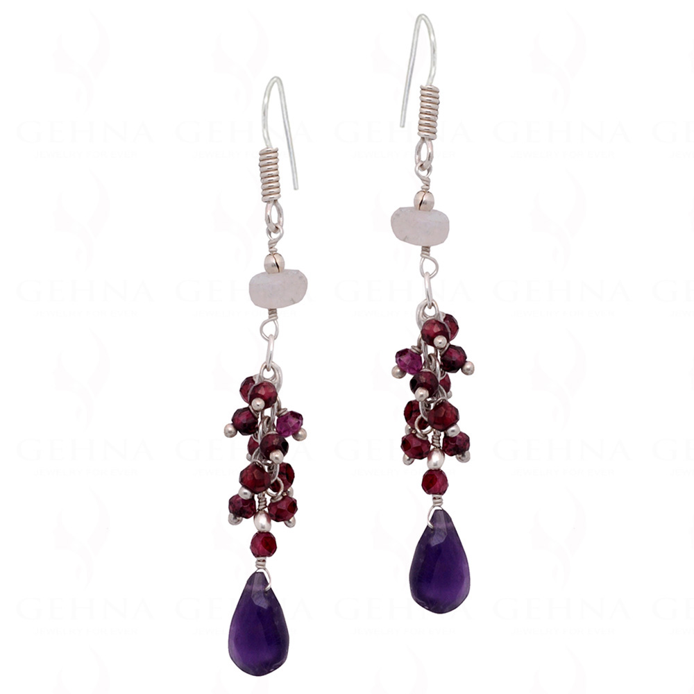 Garnet, Rainbow Moonstone & Amethyst Gemstone Sterling Silver Earrings ES-1426