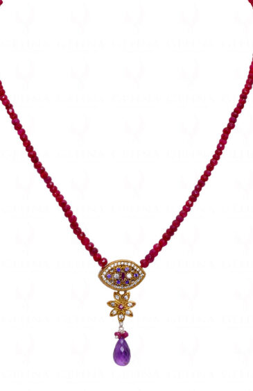 22″ Inches Ruby Faceted Bead Necklace With Amethyst Drop Pendant NP-1427