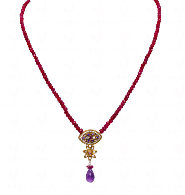 22" Inches Ruby Faceted Bead Necklace With Amethyst Drop Pendant NP-1427