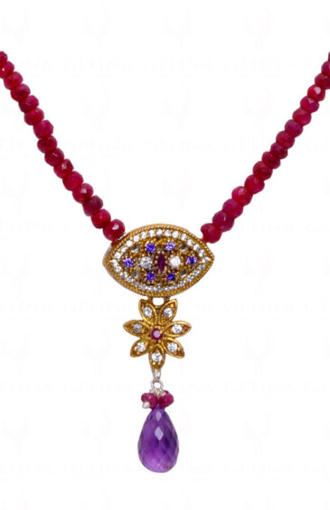 22″ Inches Ruby Faceted Bead Necklace With Amethyst Drop Pendant NP-1427