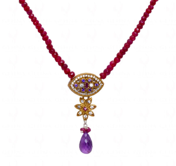 22" Inches Ruby Faceted Bead Necklace With Amethyst Drop Pendant NP-1427