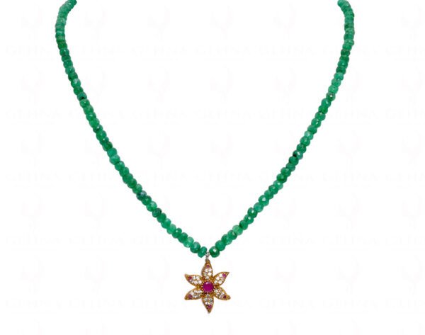 Emerald Faceted Bead String With Ruby Studded Pendant NP-1434