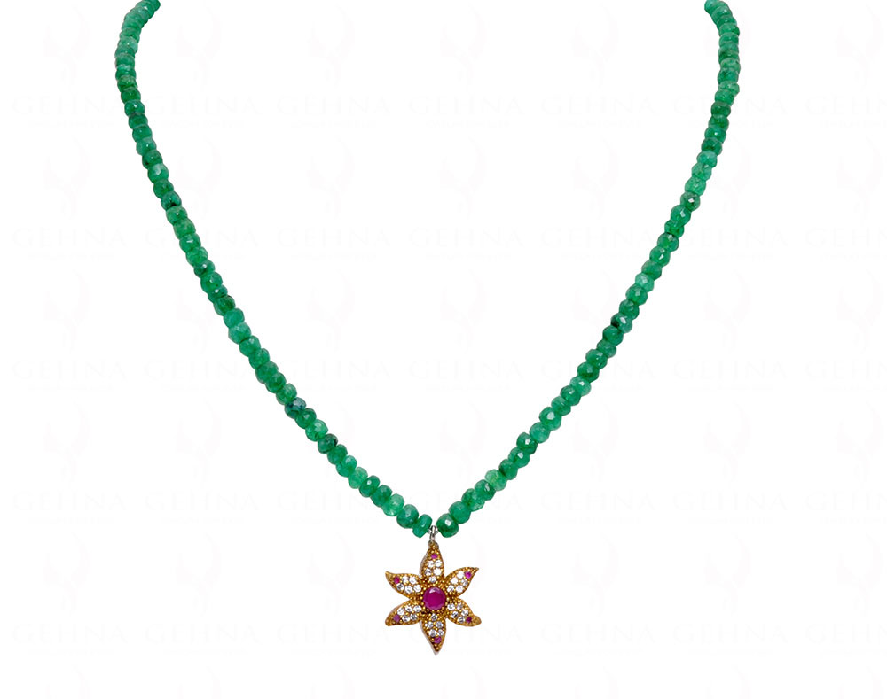 Emerald Faceted Bead String With Ruby Studded Pendant NP-1434