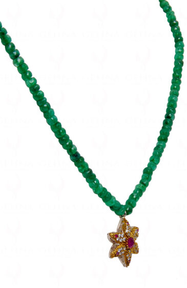 Emerald Faceted Bead String With Ruby Studded Pendant NP-1434