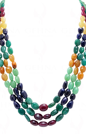 3 Rows Of Emerald, Ruby, Sapphire Gemstone Oval Shape Beads Necklace NP-1441