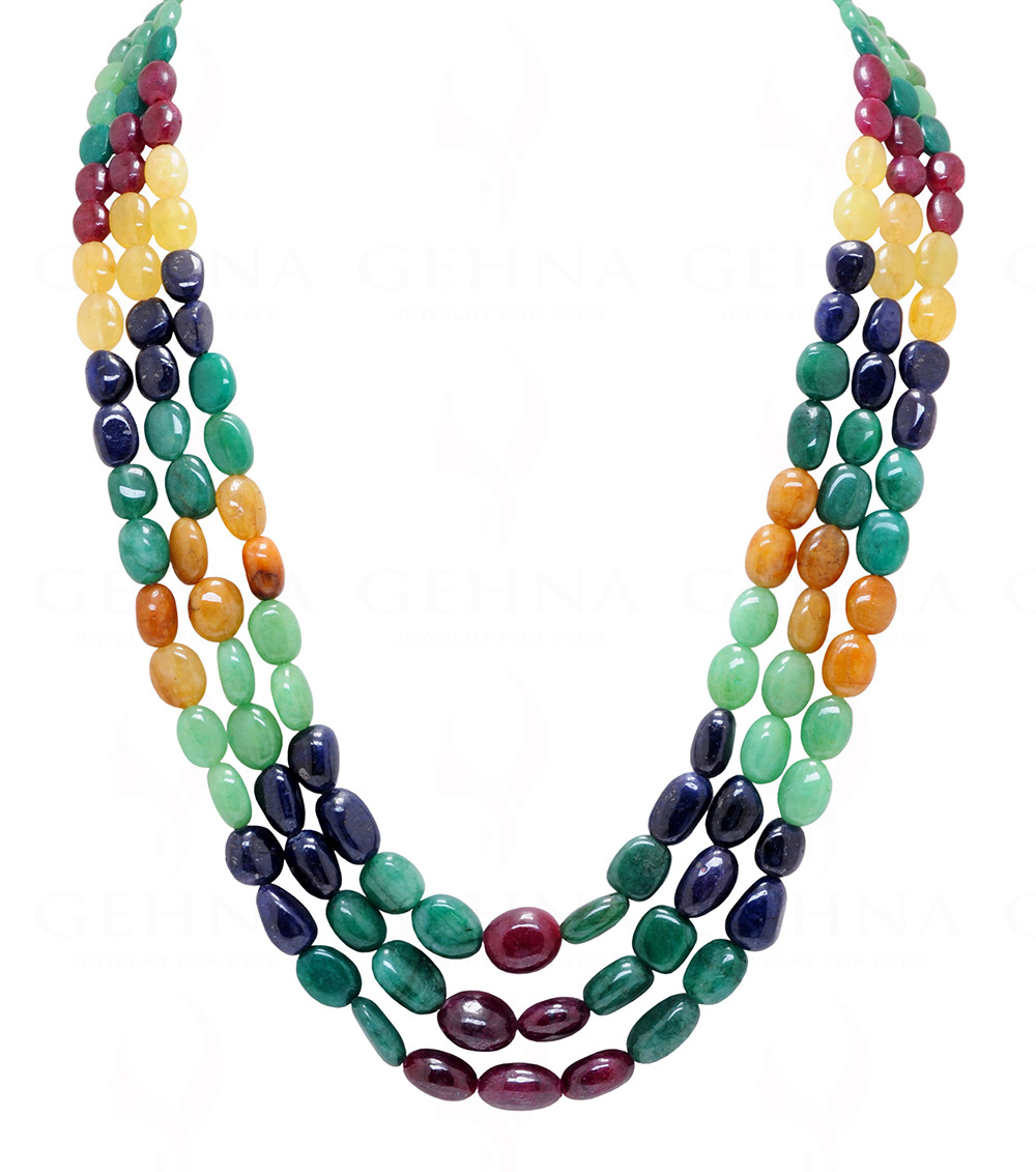 3 Rows Of Emerald, Ruby, Sapphire Gemstone Oval Shape Beads Necklace NP-1441