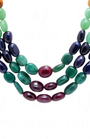3 Rows Of Emerald, Ruby, Sapphire Gemstone Oval Shape Beads Necklace NP-1441