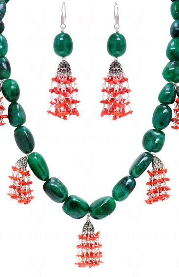 Coral & Emerald Gemstone Tumble Bead Shape Necklace & Earring Set NP-1460
