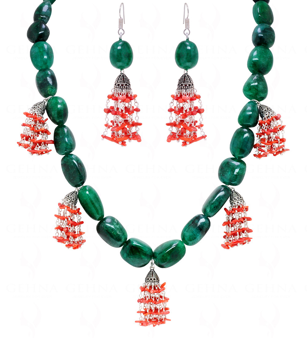 Coral & Emerald Gemstone Tumble Bead Shape Necklace & Earring Set NP-1460