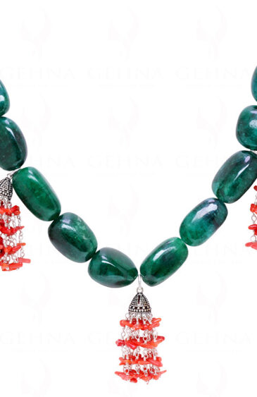 Coral & Emerald Gemstone Tumble Bead Shape Necklace & Earring Set NP-1460