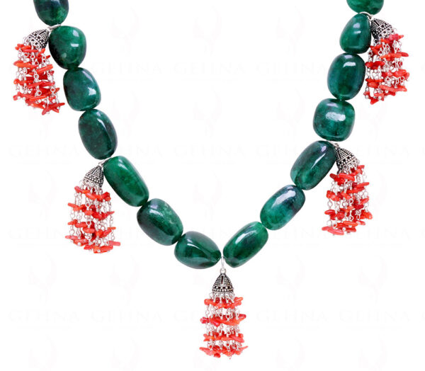 Coral & Emerald Gemstone Tumble Bead Shape Necklace & Earring Set NP-1460