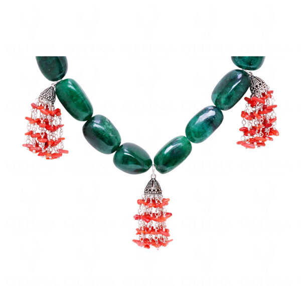 Coral & Emerald Gemstone Tumble Bead Shape Necklace & Earring Set NP-1460