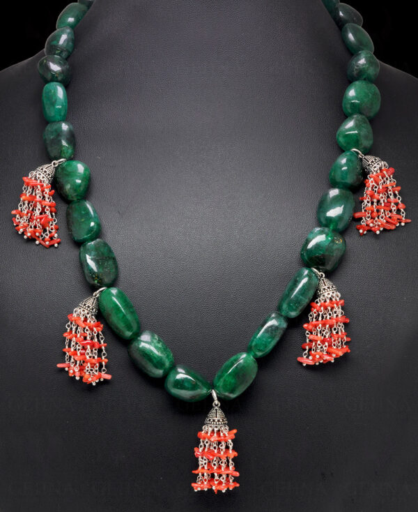 Coral & Emerald Gemstone Tumble Bead Shape Necklace & Earring Set NP-1460