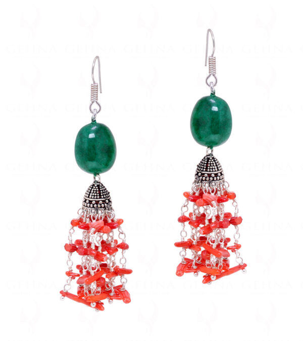 Coral & Emerald Gemstone Tumble Bead Shape Necklace & Earring Set NP-1460