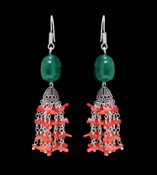 Coral & Emerald Gemstone Tumble Bead Shape Necklace & Earring Set NP-1460