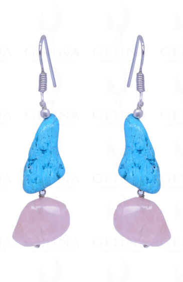 Turquoise & Rose Quartz Gemstone Tumble Earrings In .925 Solid Silver ES-1469