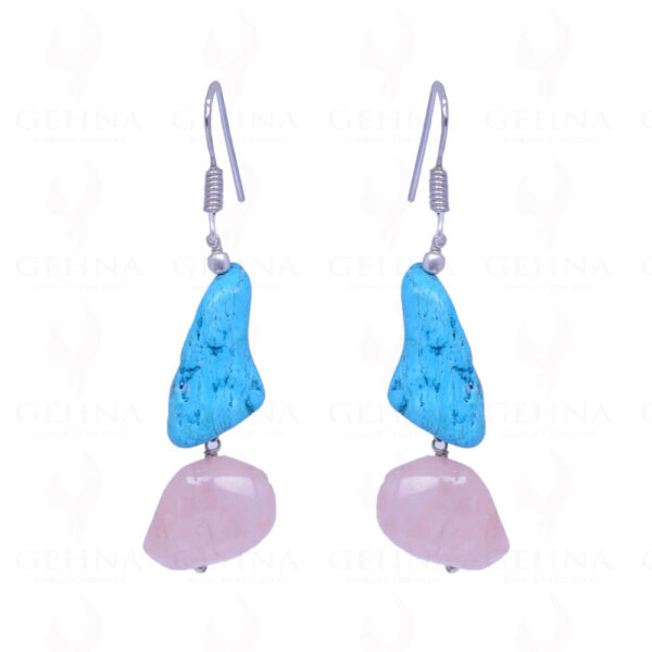 Turquoise & Rose Quartz Gemstone Tumble Earrings In .925 Solid Silver ES-1469