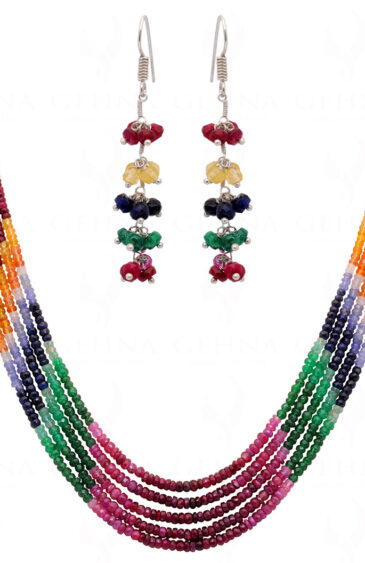 Ruby Emerald Sapphire 5 Rows Faceted Bead Necklace & Earring Set NP-1472