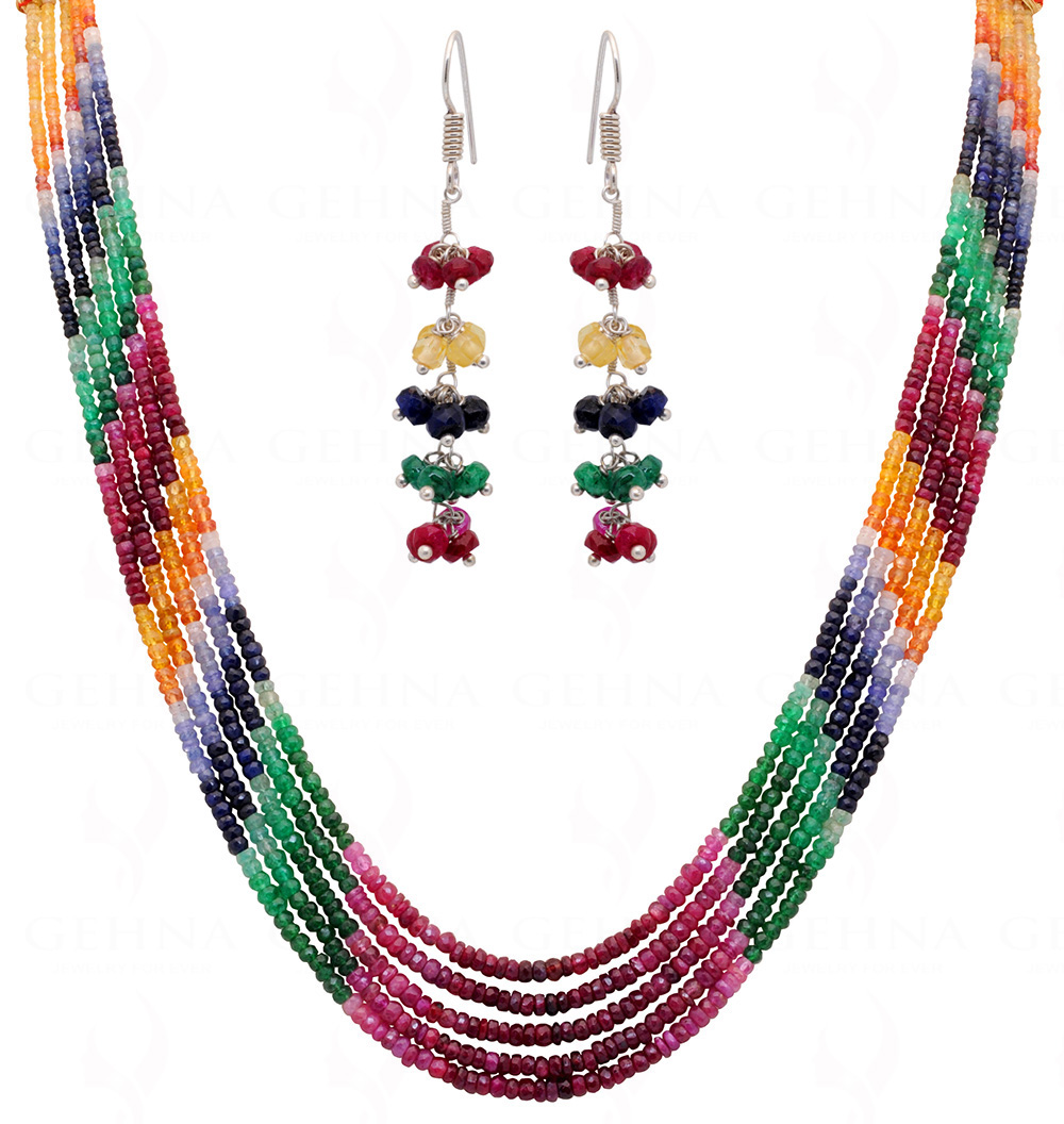 Ruby Emerald Sapphire 5 Rows Faceted Bead Necklace & Earring Set NP-1472
