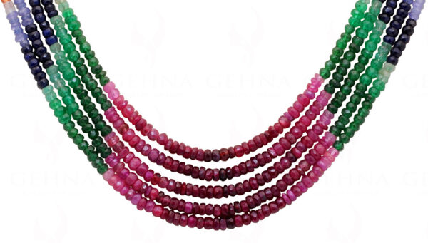 Ruby Emerald Sapphire 5 Rows Faceted Bead Necklace & Earring Set NP-1472