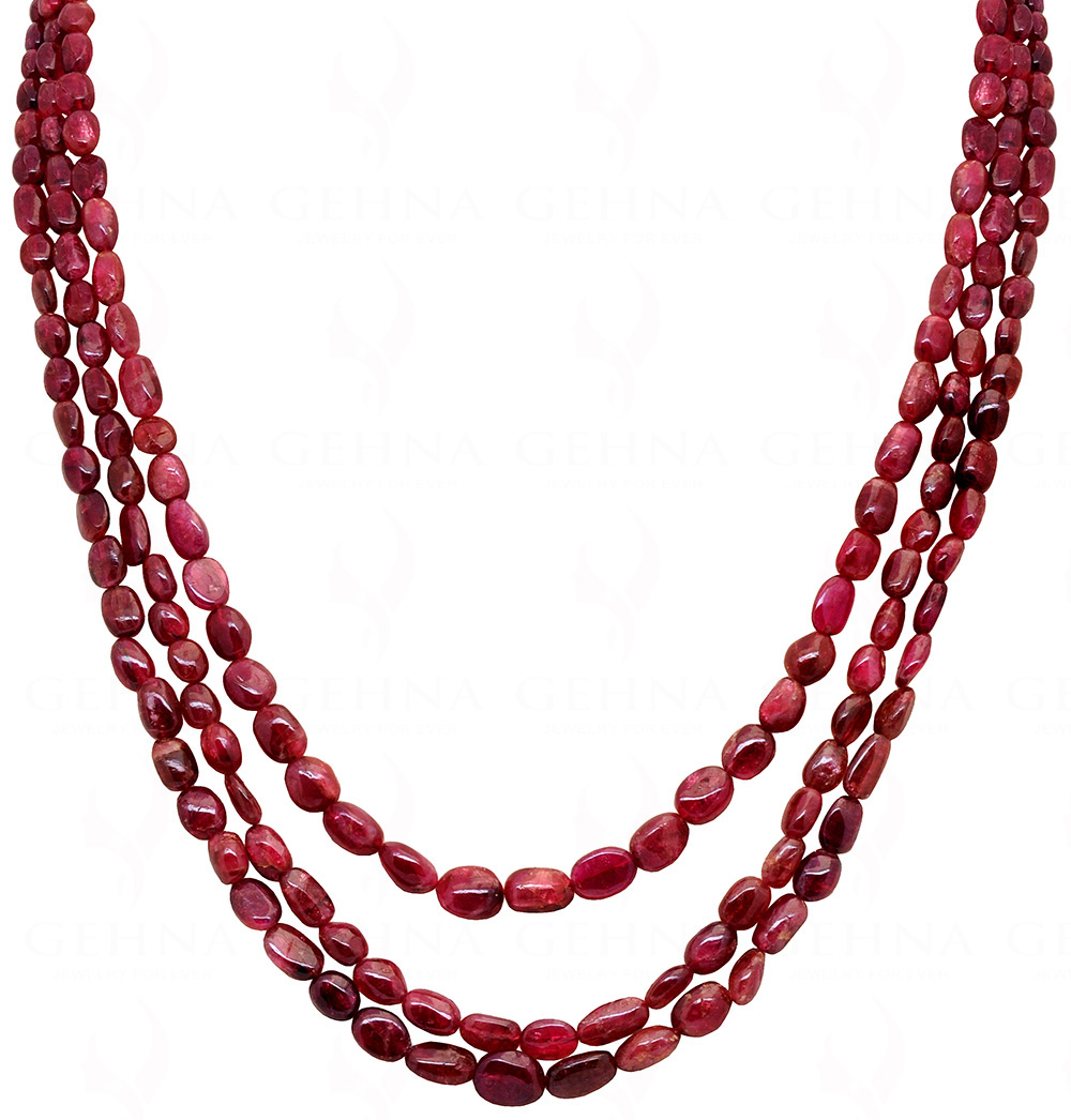 3 Rows of Pink Tourmaline Gemstone Oval Shaped Necklace NS-1477