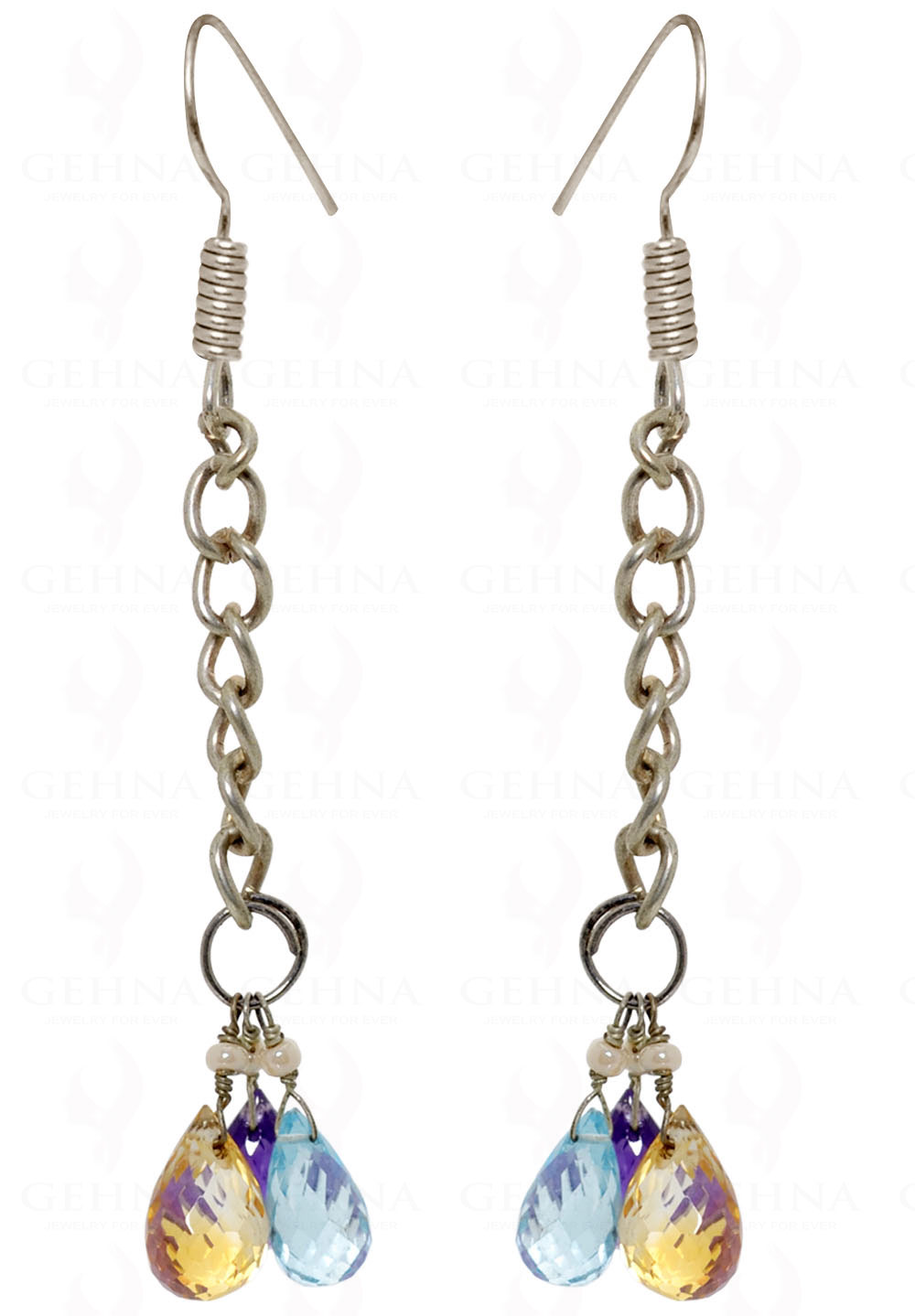 Blue Topaz, Citrine & Amethyst Faceted Drops Earrings In .925 Silver ES-1484